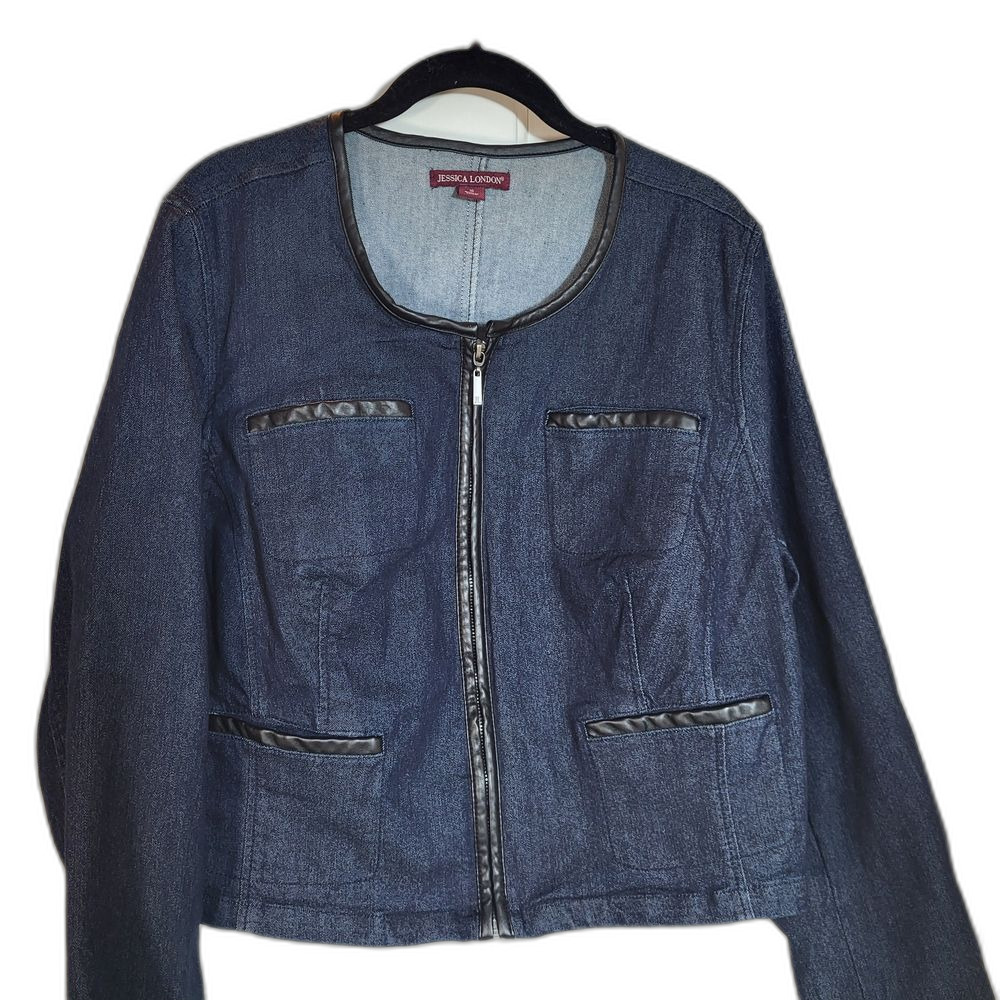 Jessica London Dark Blue Jean Jacket with Black Trim - Size 16
